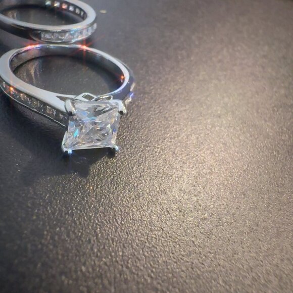2 PC Wedding Set With Princess Cut CZ Engagement & Eternity Band Ring In Sterlin - Picture 4 of 8